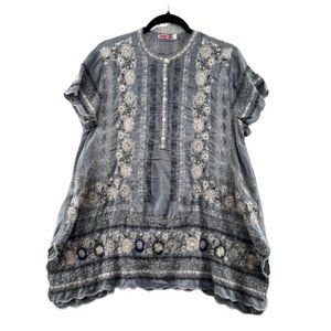 Johnny Was Kones Tunic Short Sleeve Gray Embroidered Boho Size Large